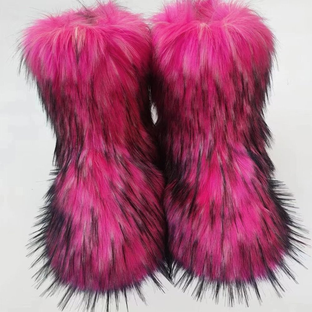 ⚡Women's Pink Faux Fur Warm Boot Furry Short Snow Boot Mid Calf Boots - Picture 2 of 7